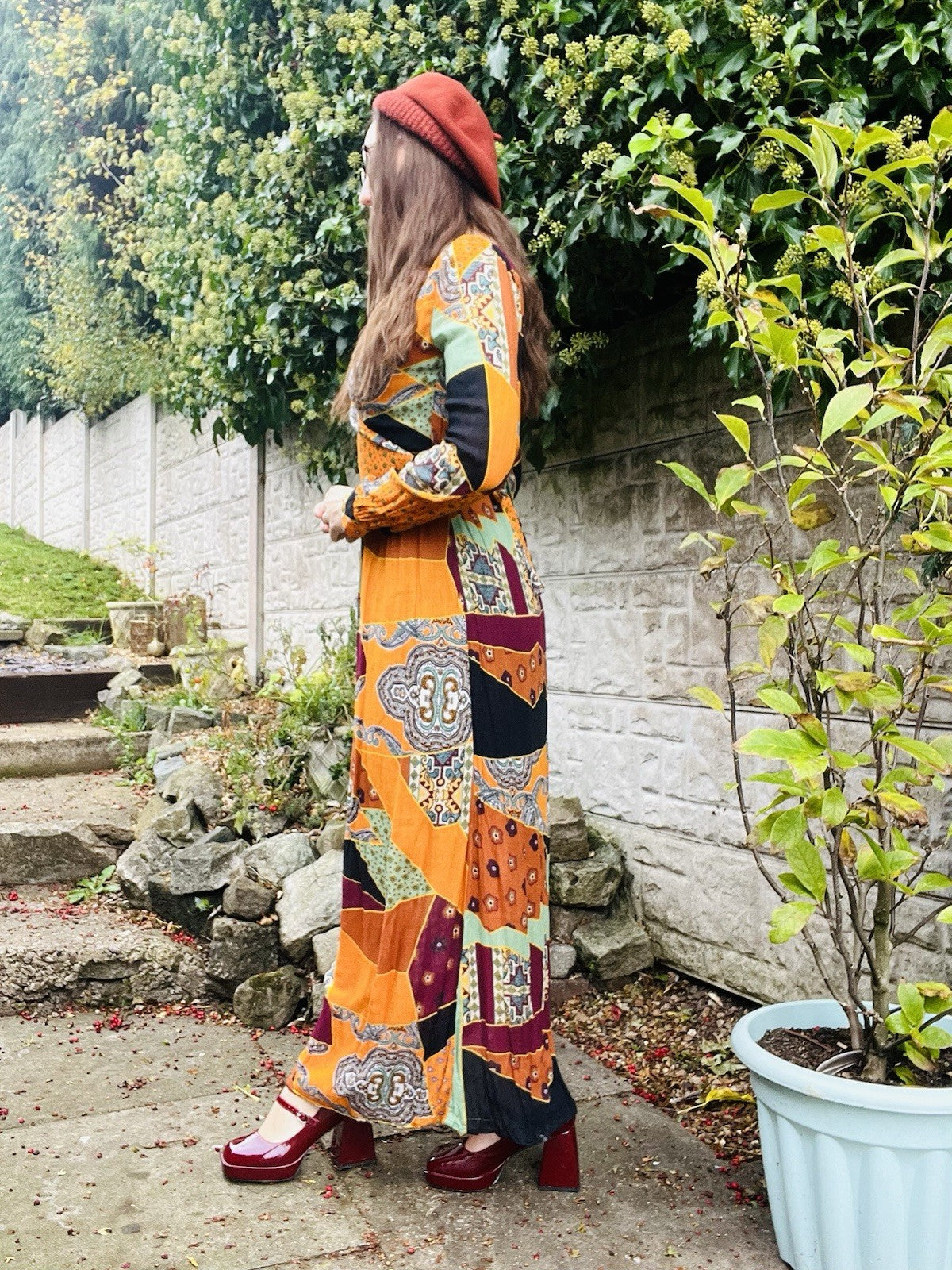 Long Sleeved Maxi Dress By Reserved Size 8-10 Orange Boho Hippie Retro Style