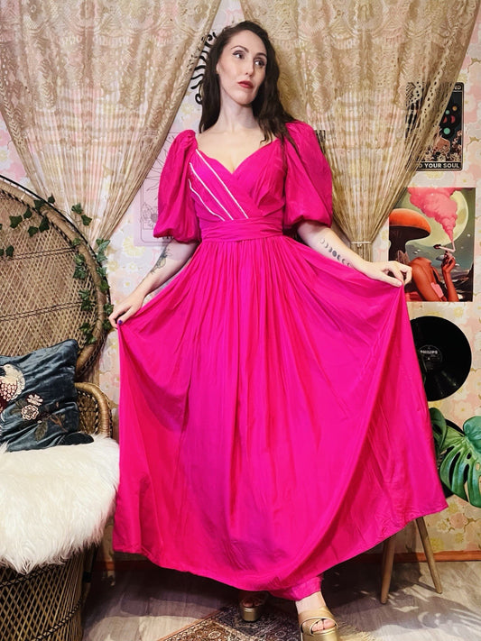 Vintage 1980s Puff Sleeve Dress And Tie Waist Hot Pink Cocktail Gown Size 8