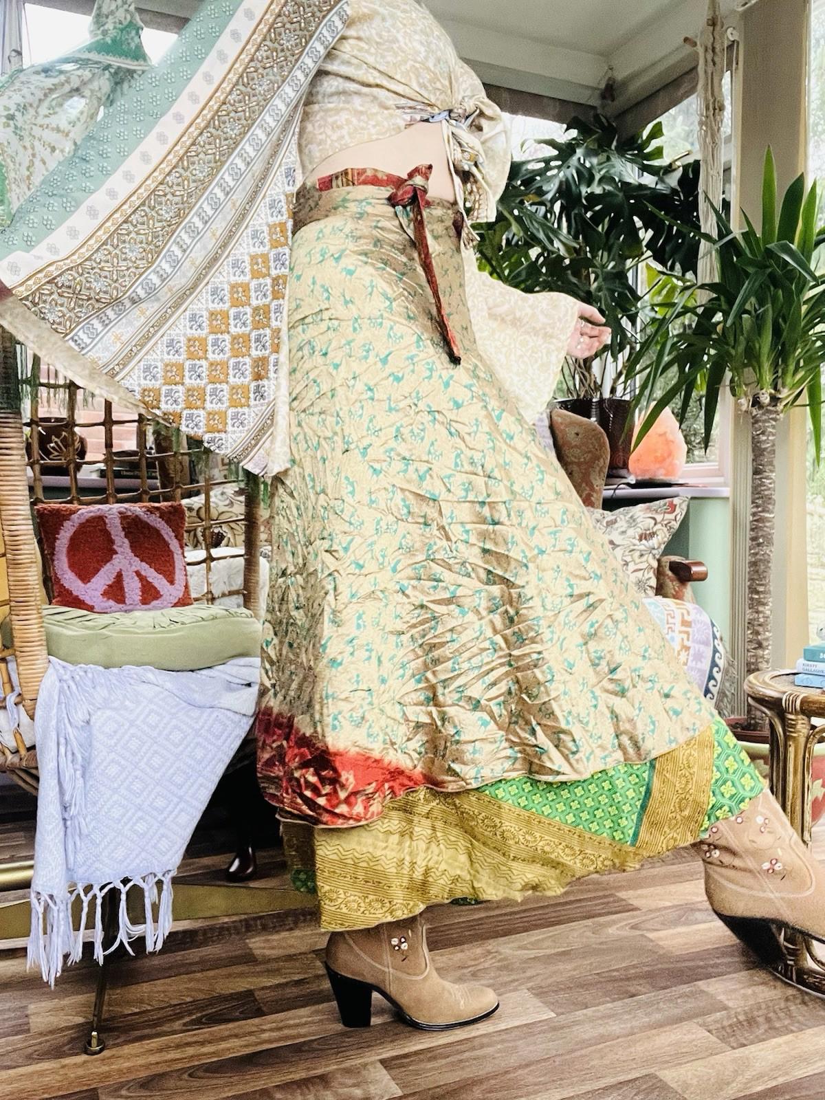 Layered Hippie Maxi Skirt Vintage Sari Silk Hippie Boho Long Gypsy Wrap Skirt