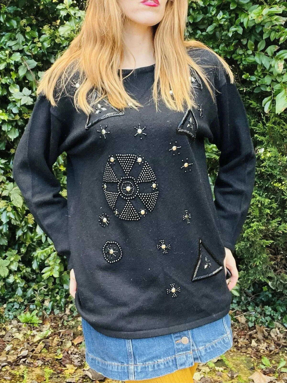 Vintage 1980s Wool Blend Jumper Size 14 Festive Christmas Sweater Beaded Black