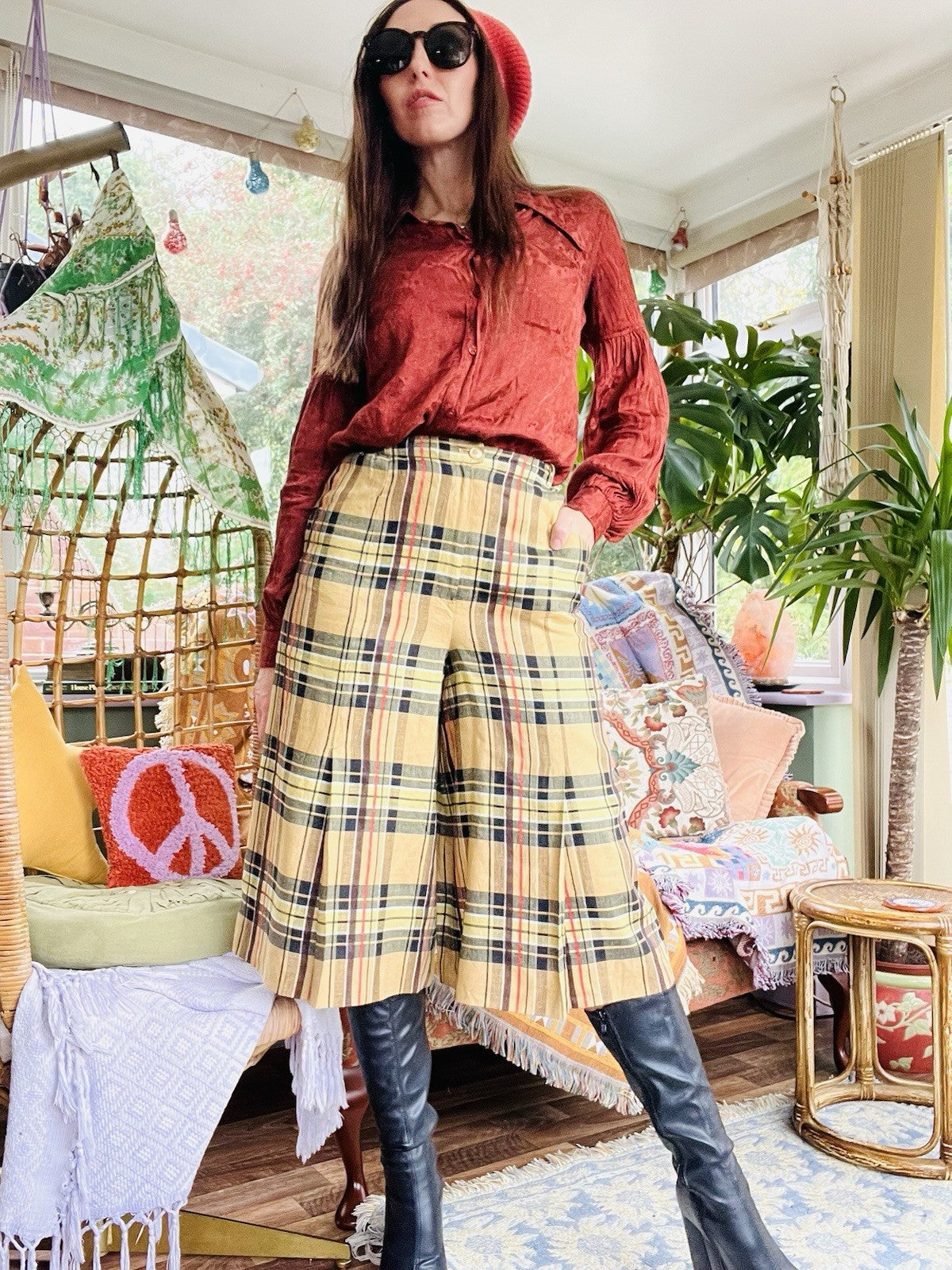 Vintage Tartan Culottes, Check Plaid Long Wide Leg Shorts By Eva Donna Size 8