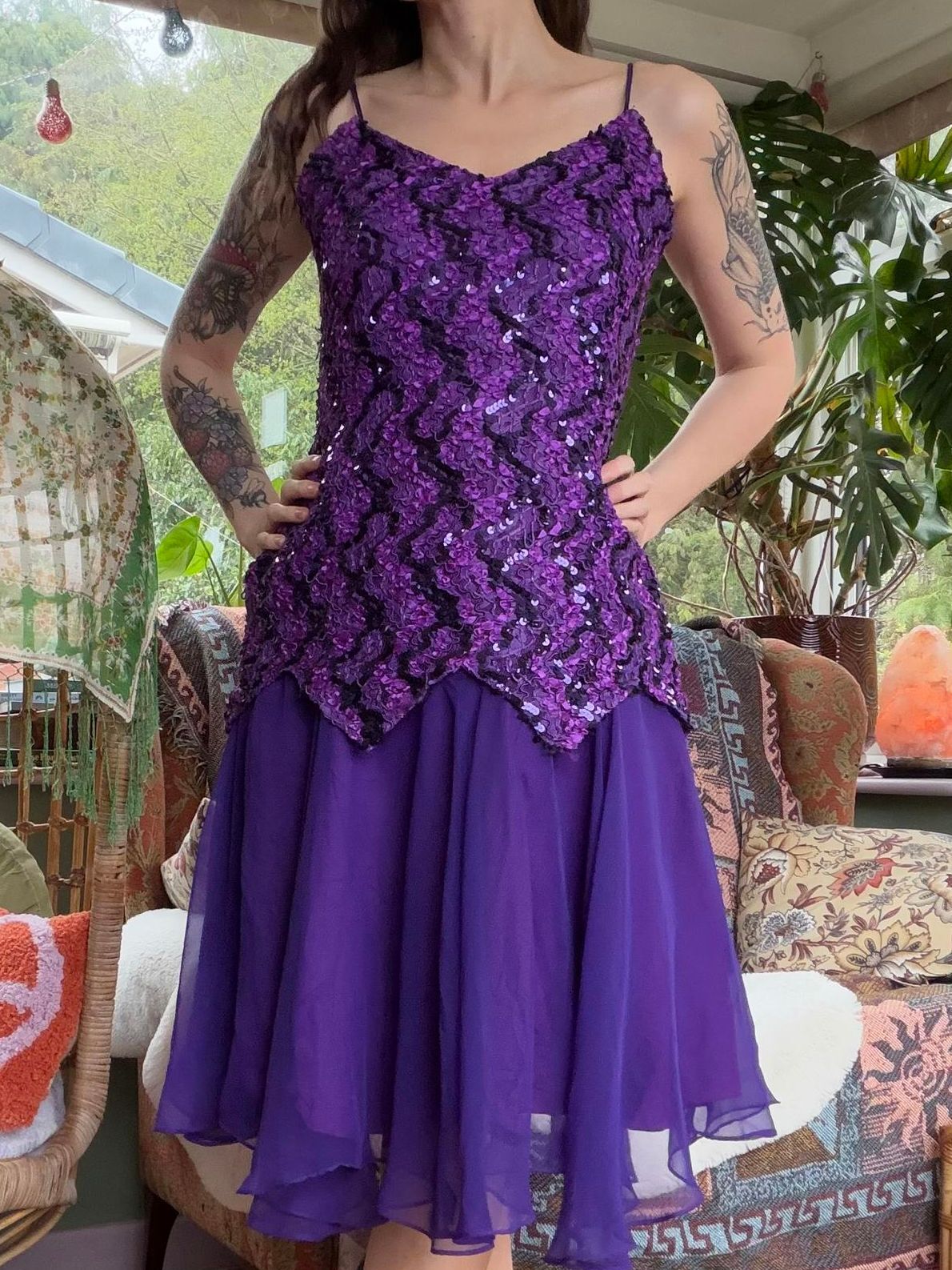 Vintage 1980s Party Dress Purple Sequin Dress with Spaghetti Straps Size14