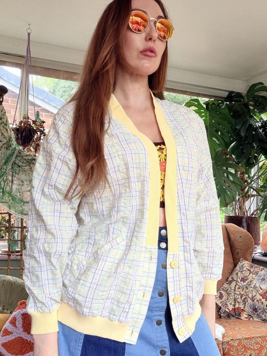 Vintage 1980s Summer Jacket Lightweight Yellow Checkered Bomber Jacket Size 10