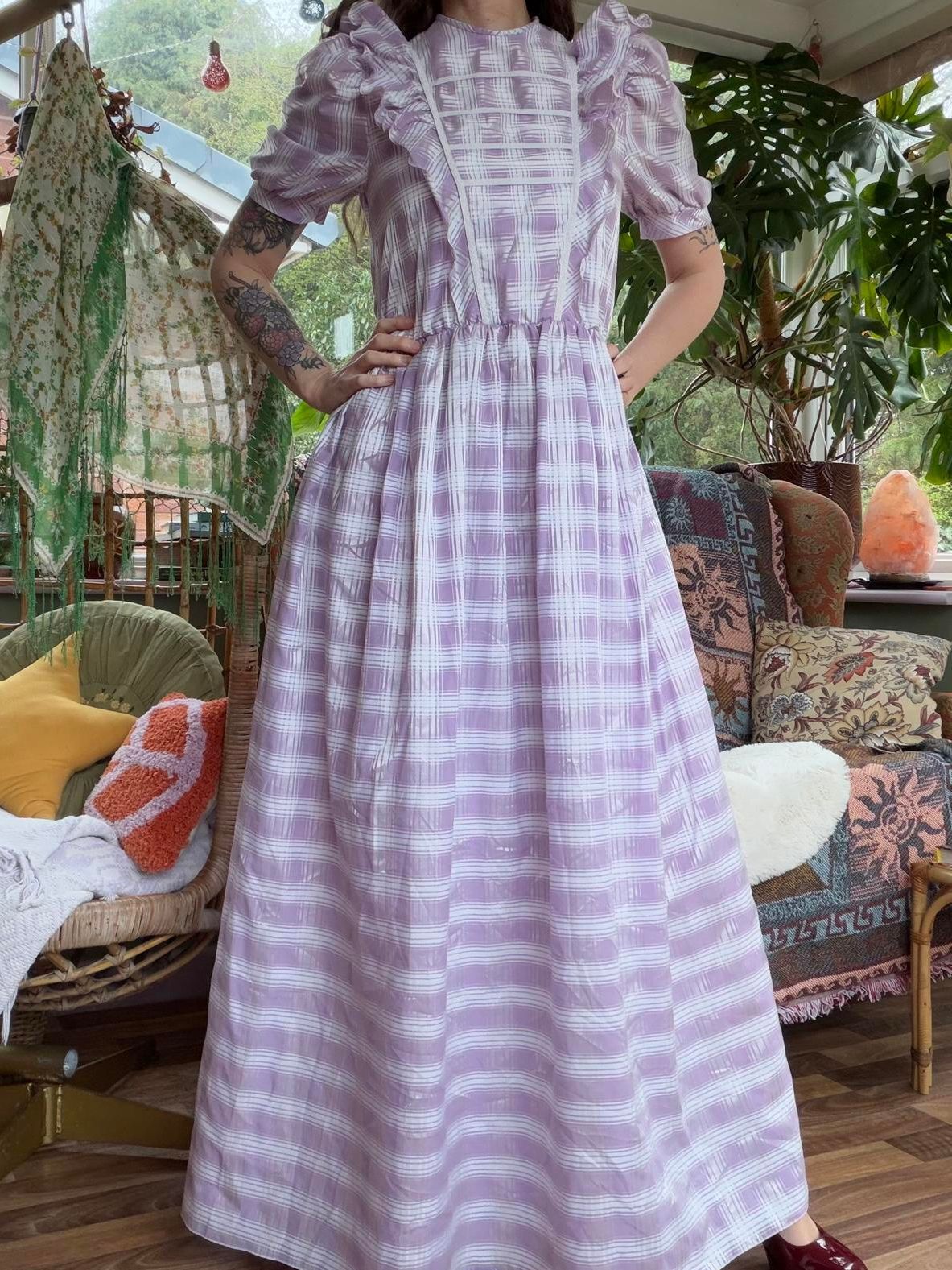 Vintage 1970s Maxi Dress Size 10 12 Lilac Checkered Tartan with Ruffle Details