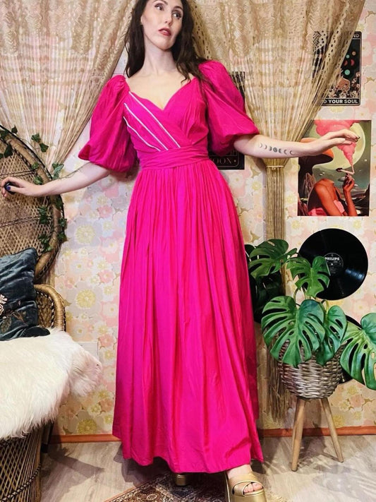 Vintage 1980s Puff Sleeve Dress And Tie Waist Hot Pink Cocktail Gown Size 8
