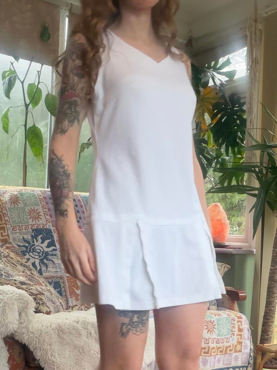 Vintage 1980s tennis dress size 14 White Sleeveless Mini Dress with Pleated Hem