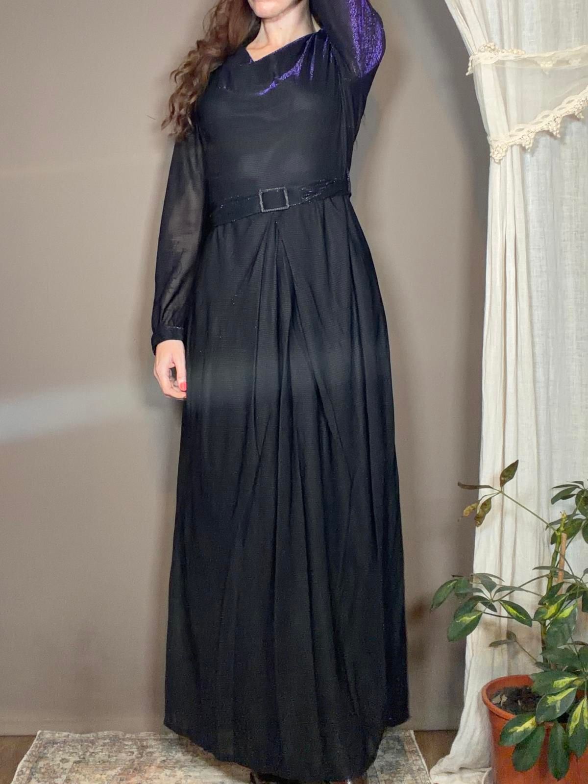 Vintage 1970s Maxi Dress Black Purple shimmer Size 12 Long Sleeve with Belt
