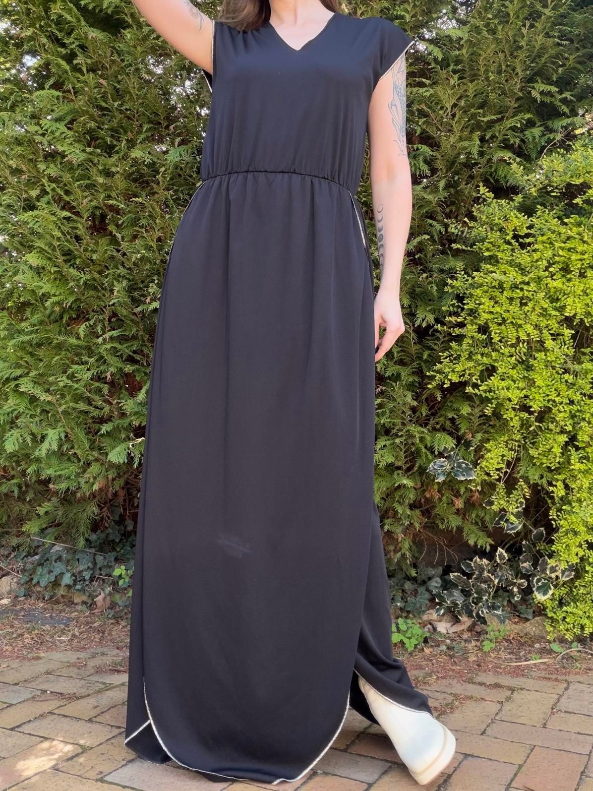 Vintage 1970s Black Maxi Dress  by Nefer with V-Neck and Layers size 14