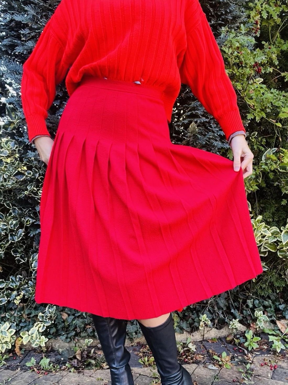 Vintage 1980s Pleated Skirt, High Waist Red Midi Kilt Style Skirt Size 8