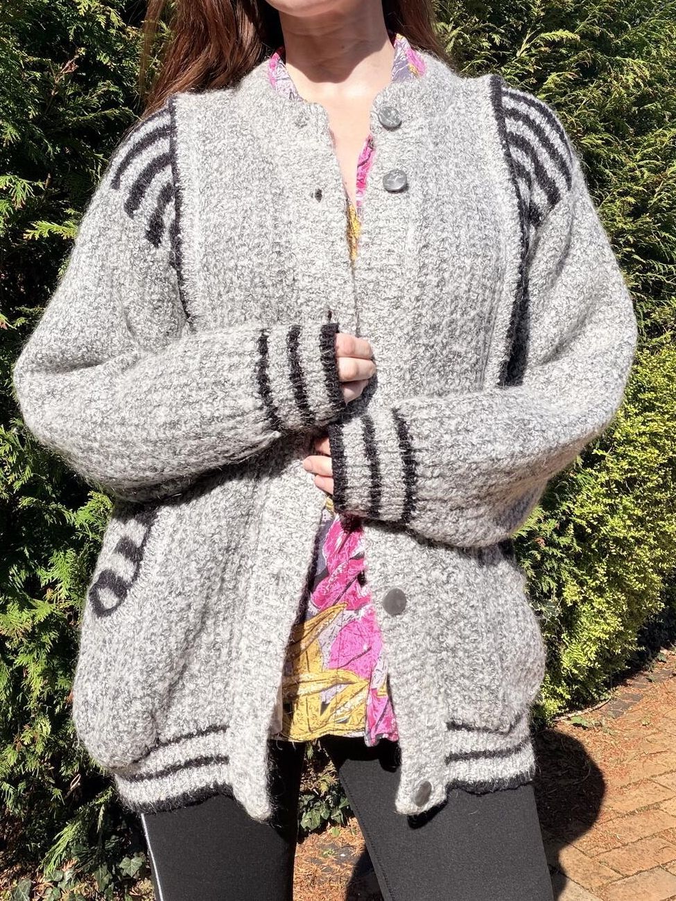 Vintage 1980s Grey Cardigan Textured Knit Jumper with Black Stripe Detail 12 14