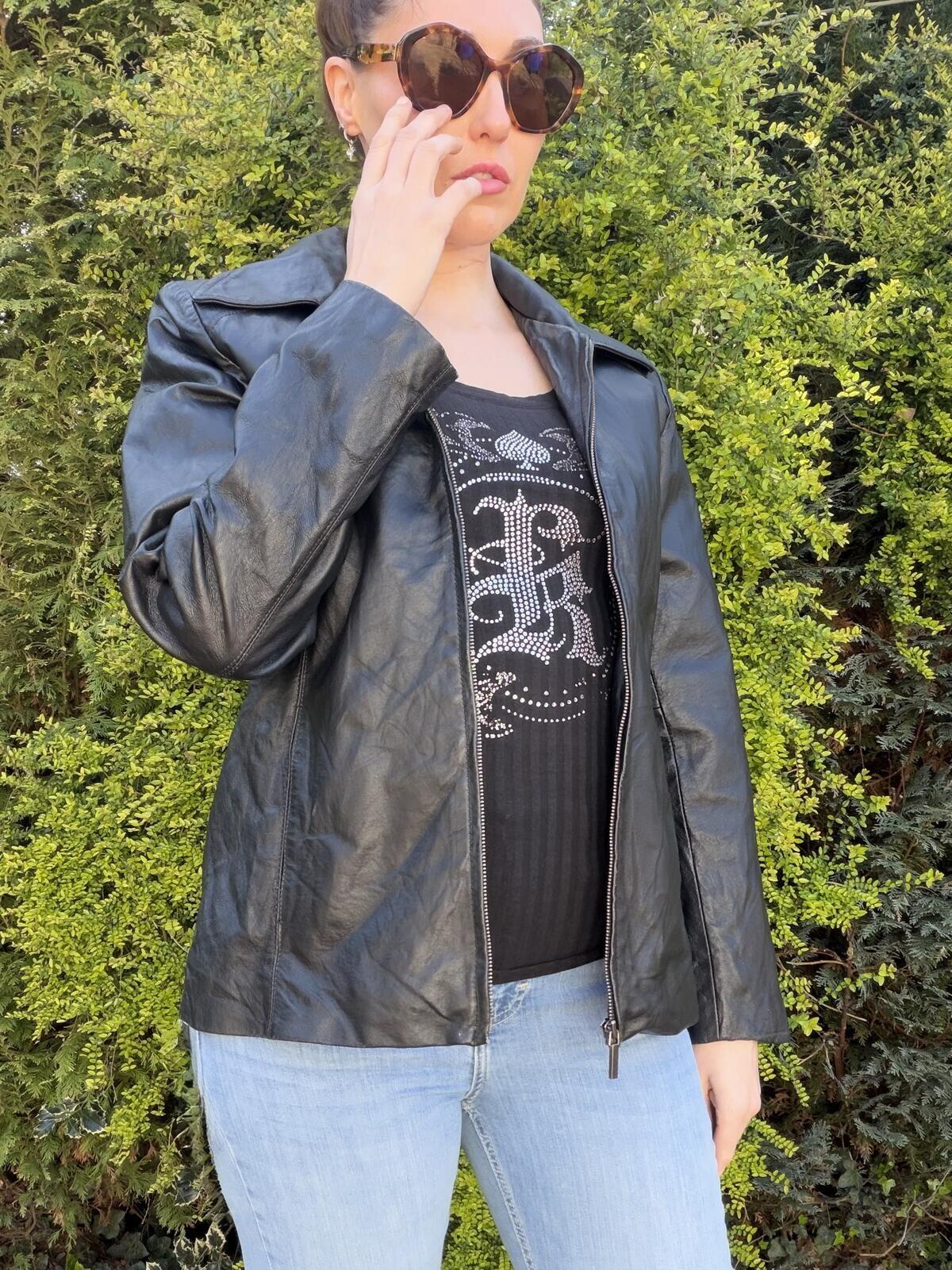 Black Real Leather Jacket Zip up Classic Biker Jacket size 8 10 by Worthington