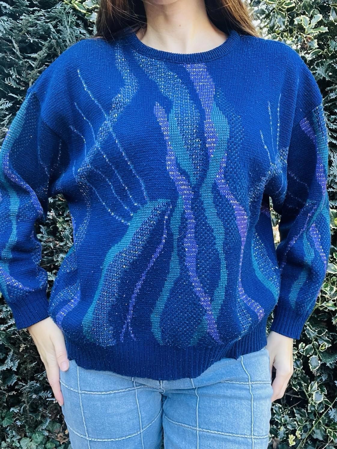 Vintage 1980s Knitted Jumper Blue Retro Design Winter Knit Blue Size L