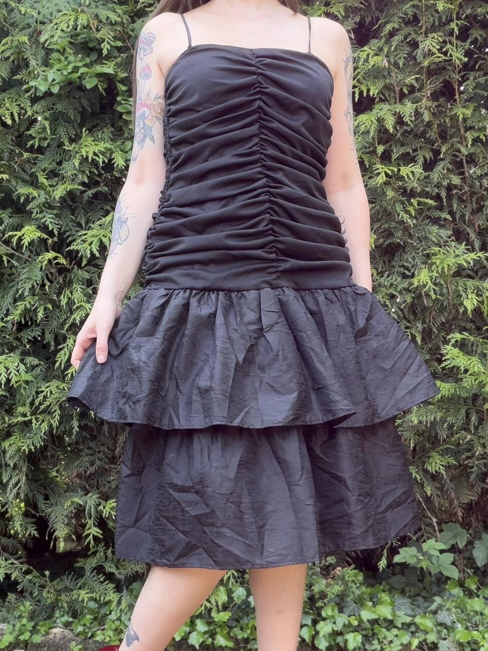 Vintage 1980s Party Dress Black Ruched Strap Dress with Tiered Skirt Size 14