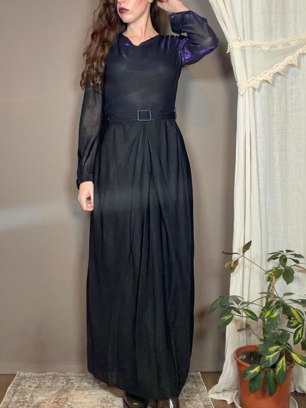 Vintage 1970s Maxi Dress Black Purple shimmer Size 12 Long Sleeve with Belt