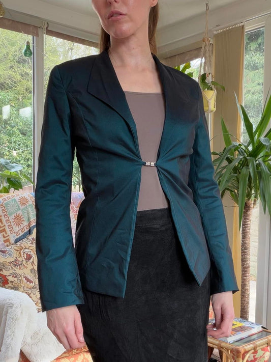 Vintage Y2k Blazer By BAY Size 8 Dark Green Fitted Blazer with Front Clasp