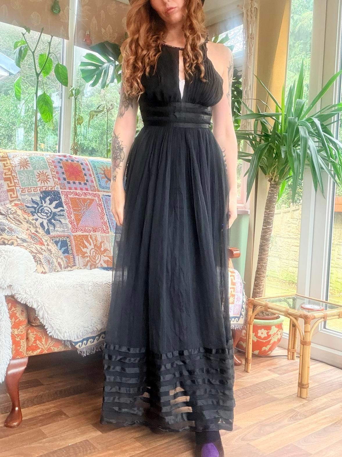 Vintage Black cocktail Dress size 6 Diamanté detail and sheer overlay