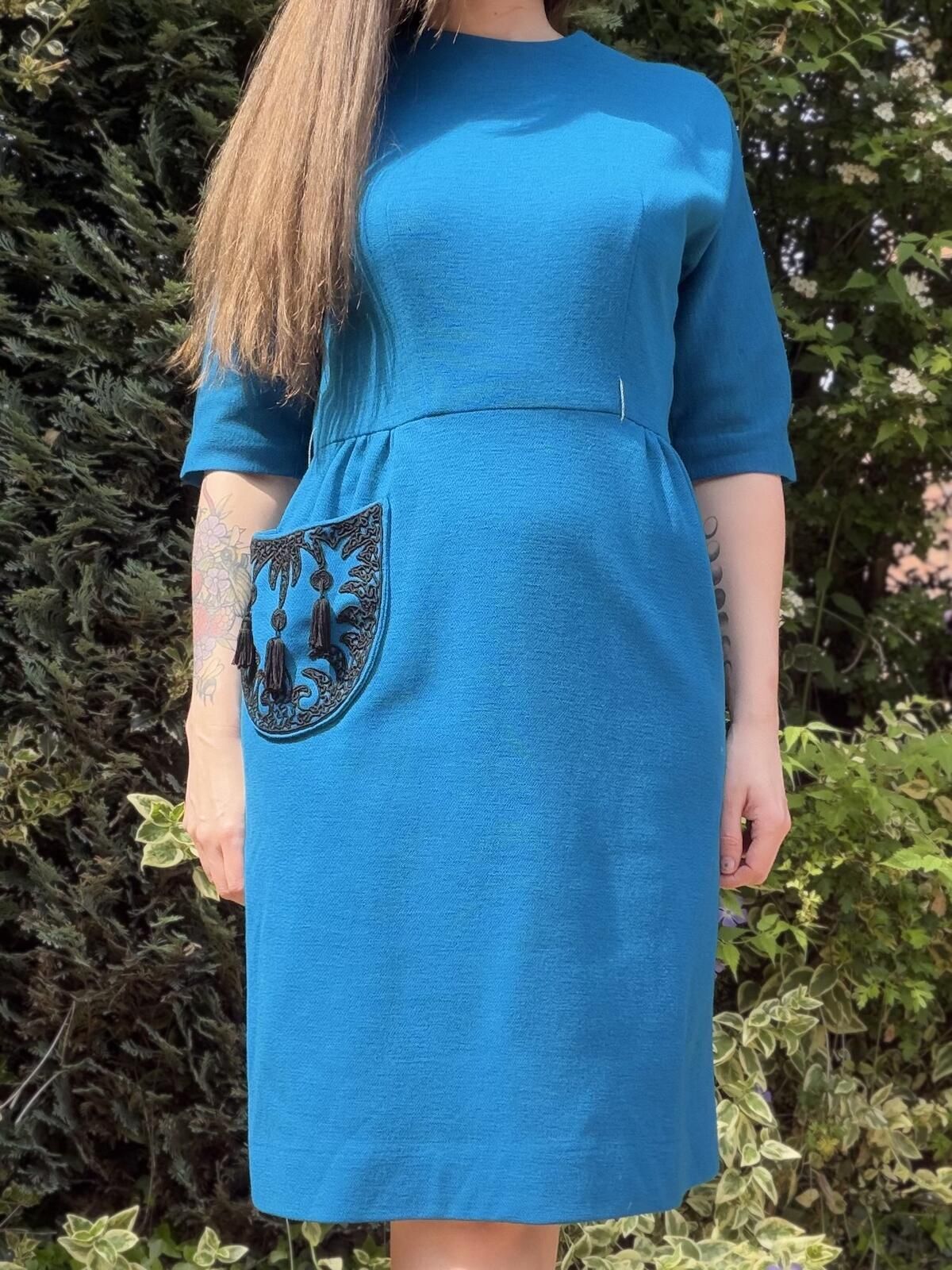 Vintage 1980s Dress Blue Knee Length with Embroidered Pocket Size 12