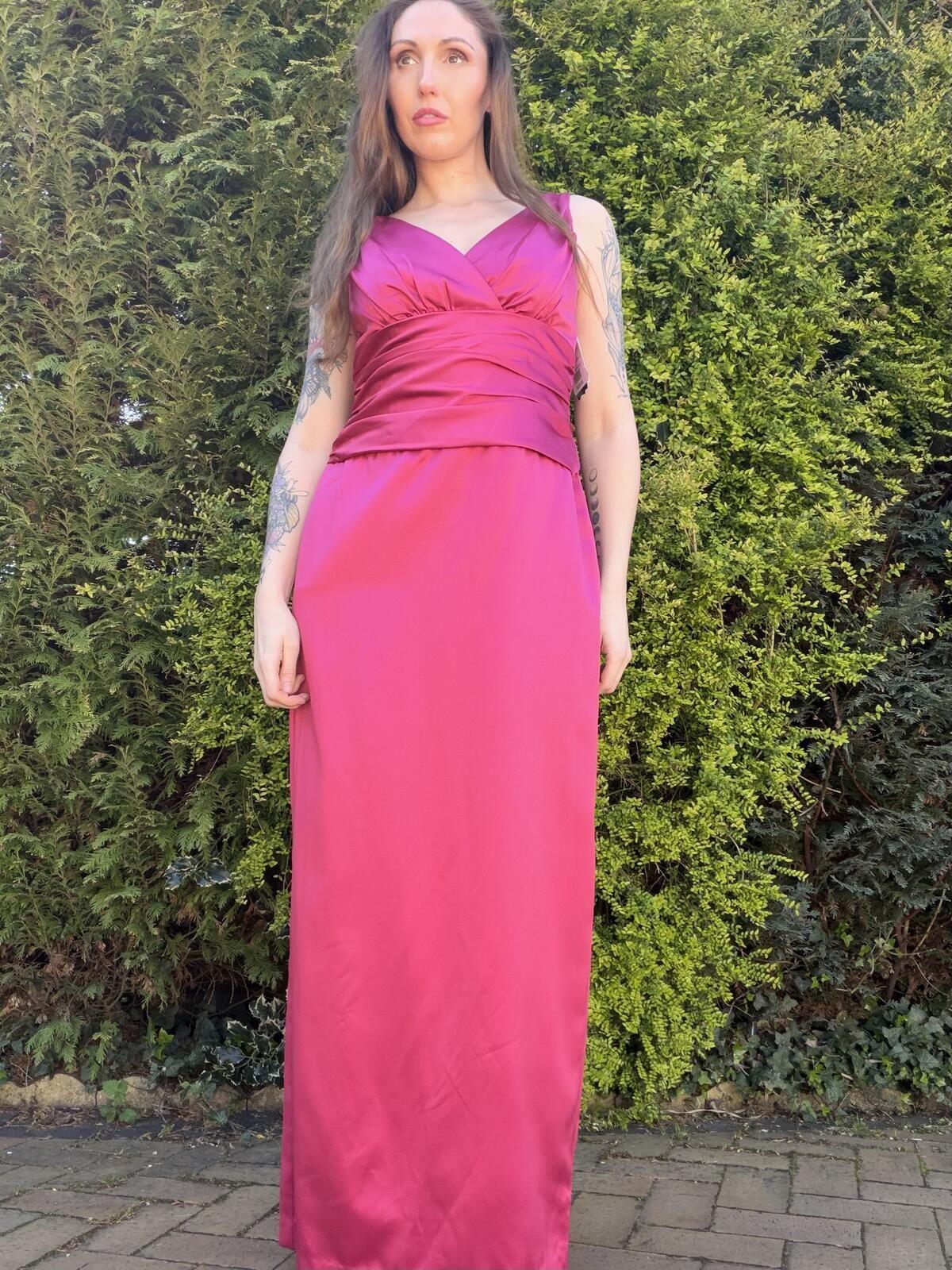 Vintage Y2K Prom Dress Size 12 Pink Long Satin Ruched Evening Cocktail Gown