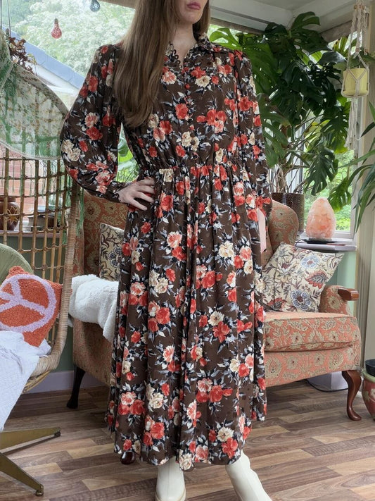 Vintage 1980s Day Dress Brown Floral Long Sleeve Midi Dress Size 16 to 18