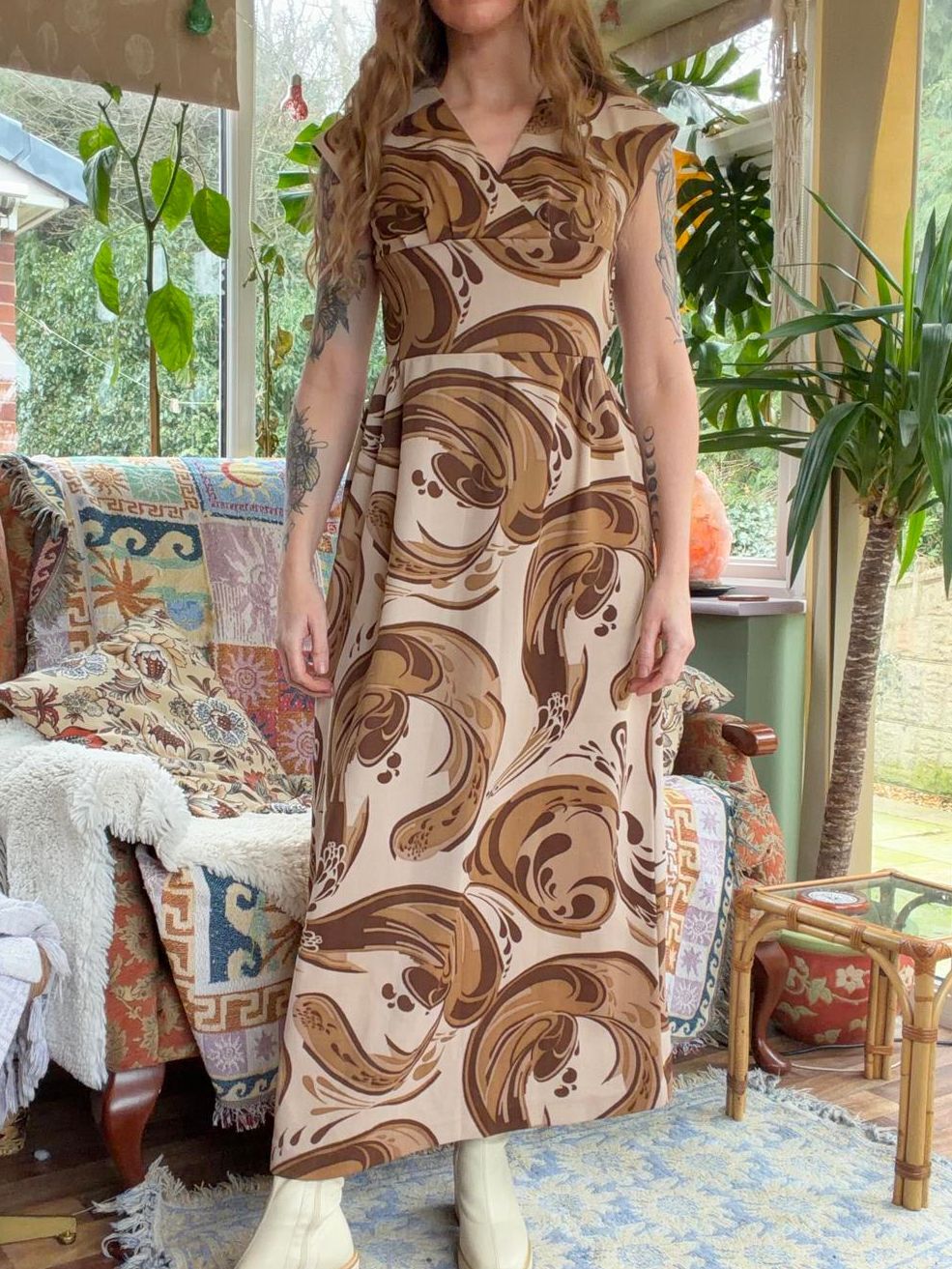 Vintage 1970s Maxi Dress Psychedelic Hippie Pattern By DK Modern Brown Size 10