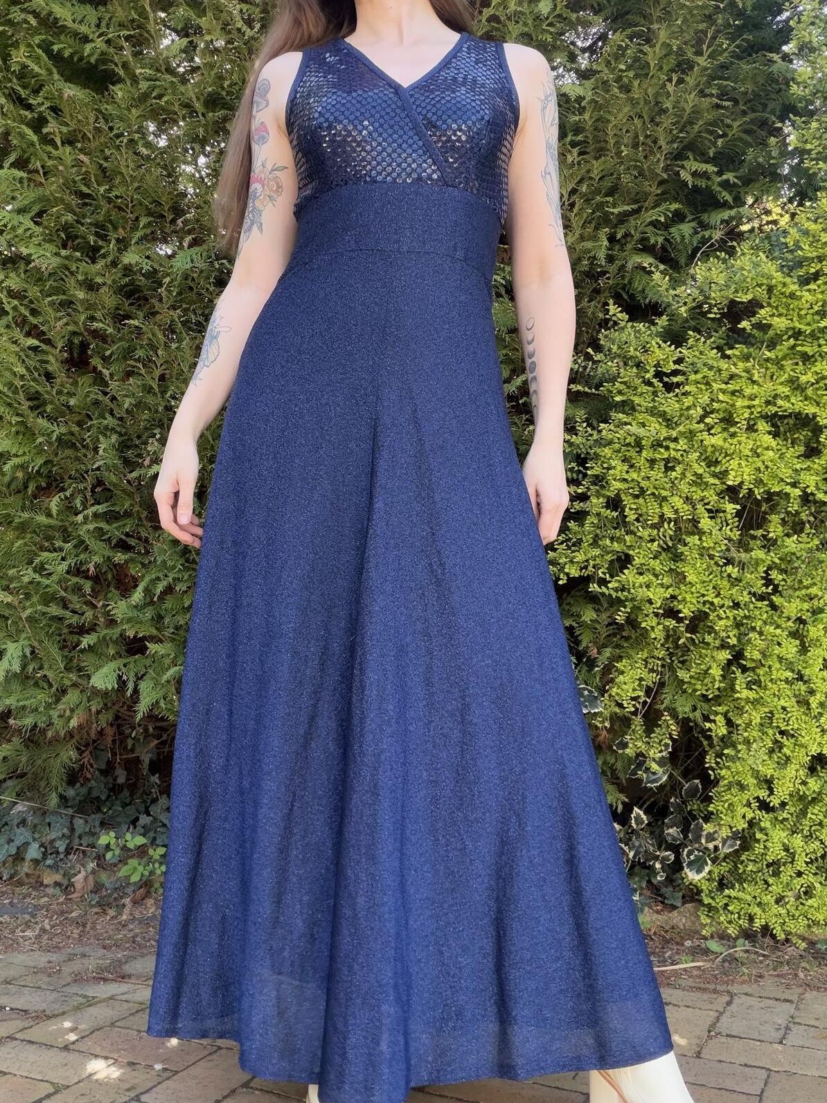 Vintage 1970s Maxi Dress Size 10 to 12 Navy Blue Lurex with Sequin Bodice