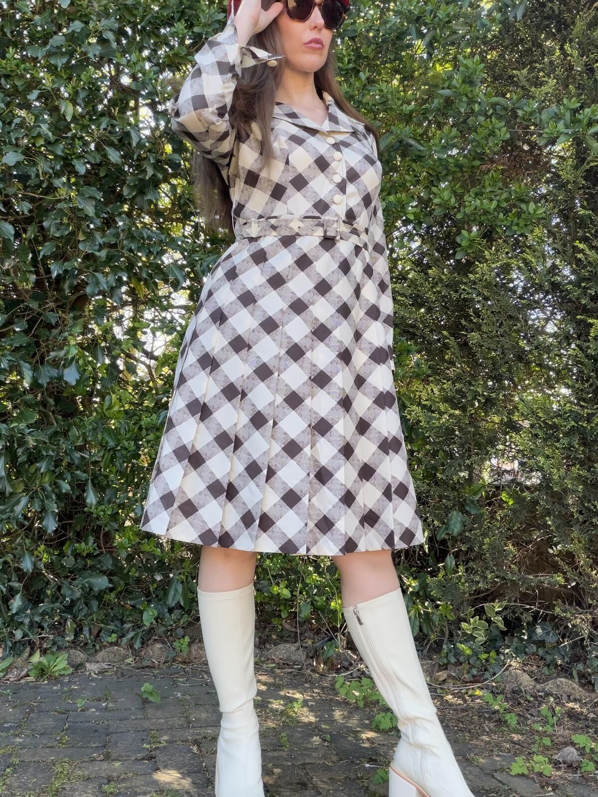Vintage 1980s Shirt Dress Plaid Checkered Belted Pleated Dress Long sleeve 14