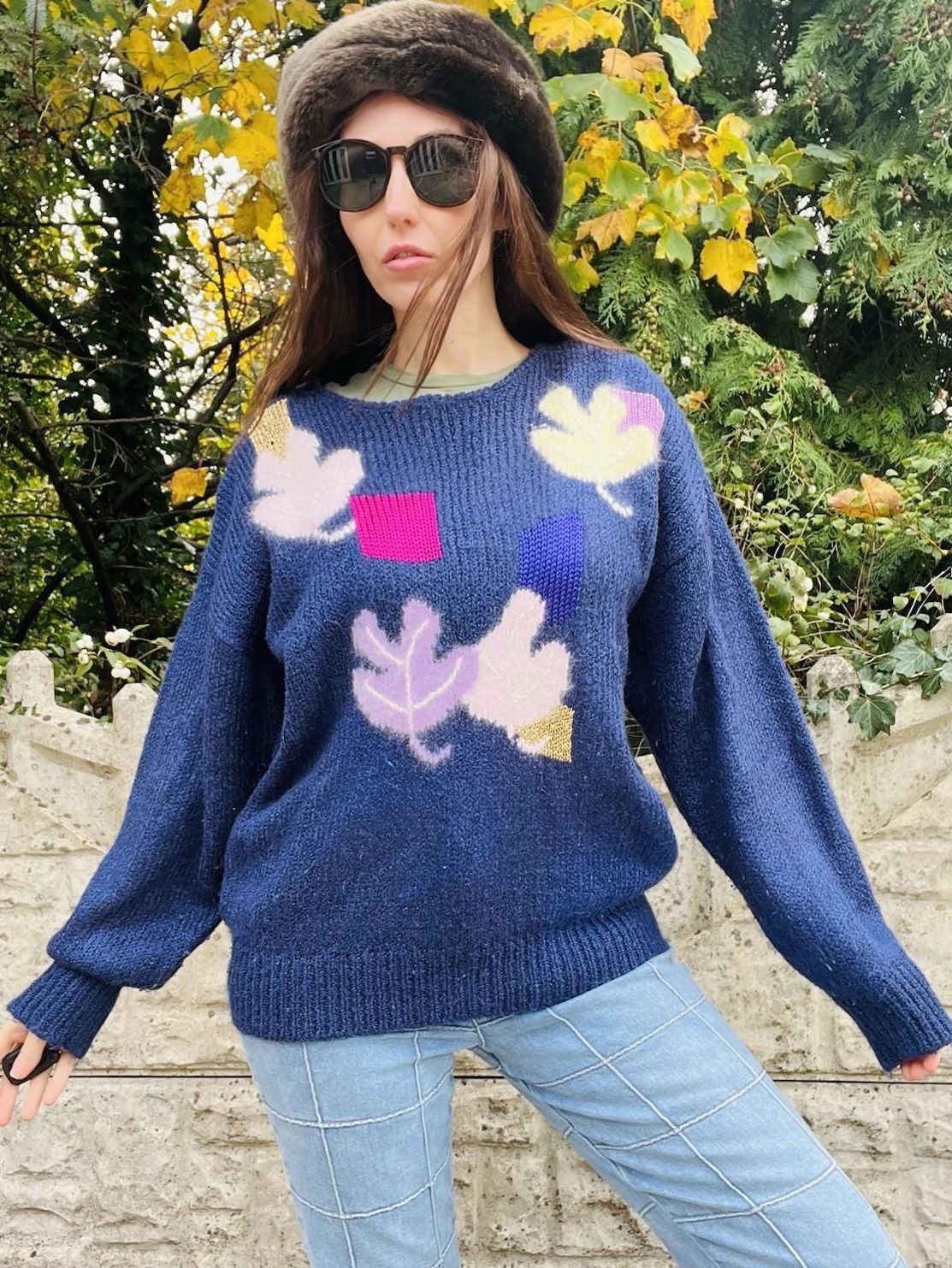 Vintage 80s Jumper size L Blue By Golden Gate Funky Retro Pattern Knit Sweater