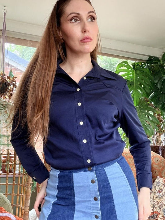 Vintage 1970s Shirt Navy Blue Button Up Long Sleeve Retro Blouse Size 12
