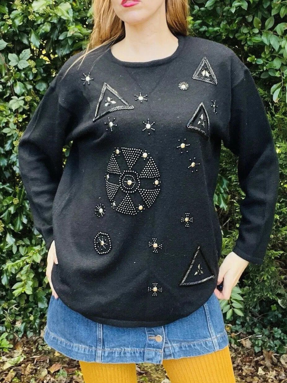 Vintage 1980s Wool Blend Jumper Size 14 Festive Christmas Sweater Beaded Black
