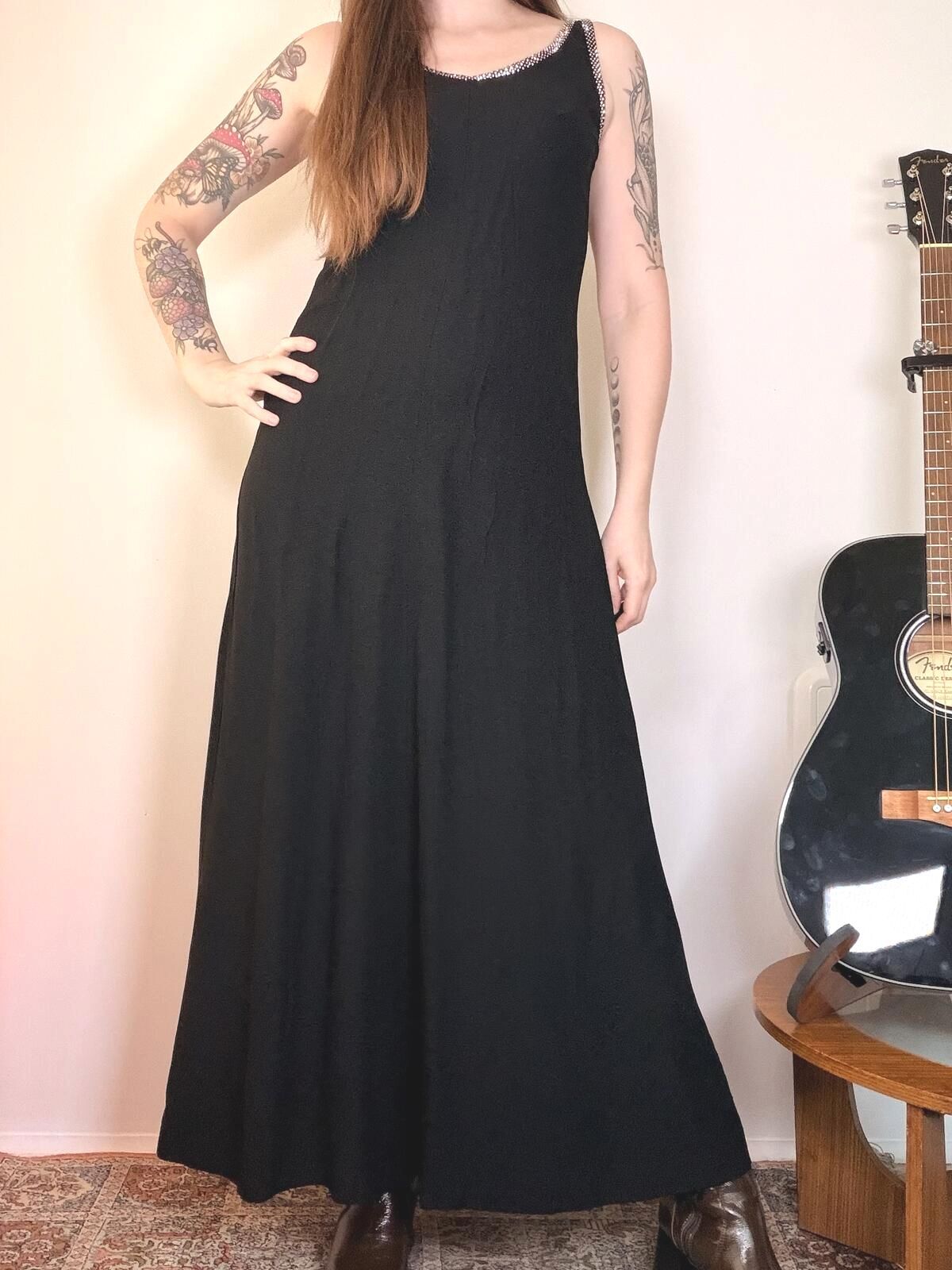 Vintage 1970s Cocktail Dress With Diamante trim Long Black Dress size 12