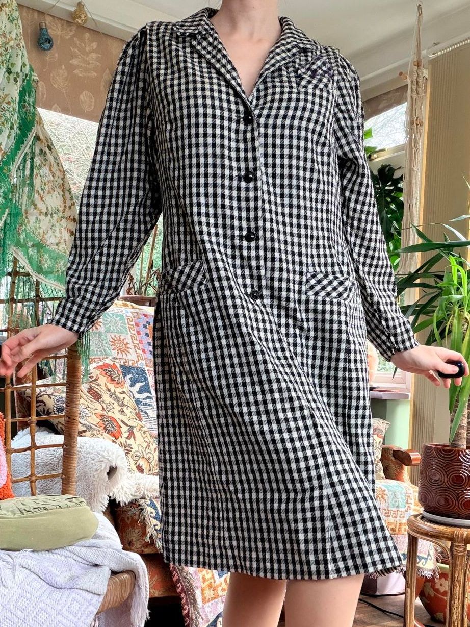 Vintage 1980s shirt dress 16 by Jean Claire Wool Black White Gingham office work