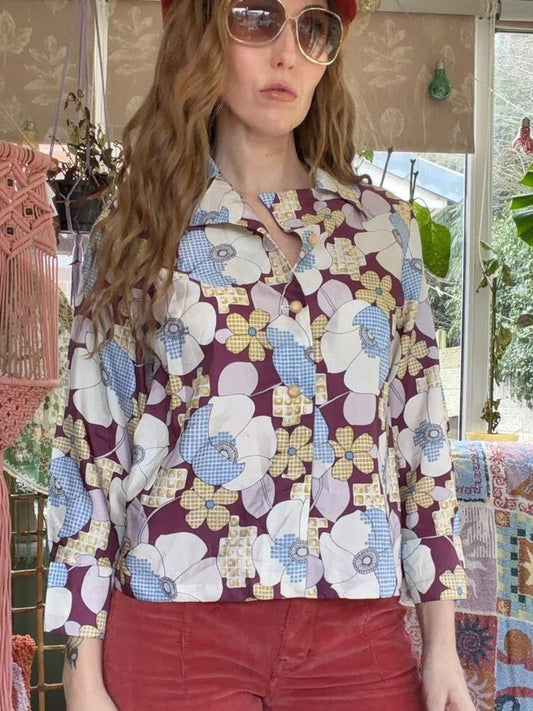 Vintage Retro Floral Shirt Bold Abstract Long Sleeved Blouse Size 12-14