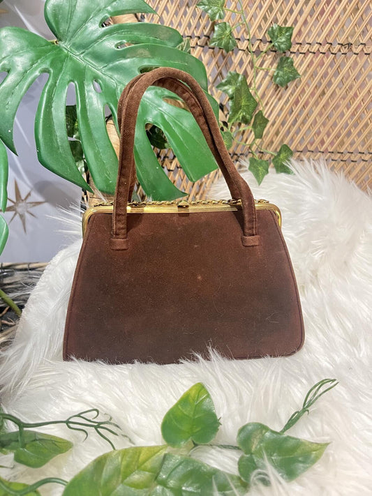 Vintage Brown Suede Handbag Small Size with Gold Frame Retro 1960s Bag