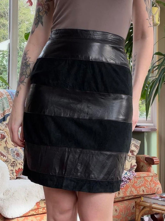 Vintage 1980s Leather Skirt Black Suede Panelled Retro Mini Skirt Size 8