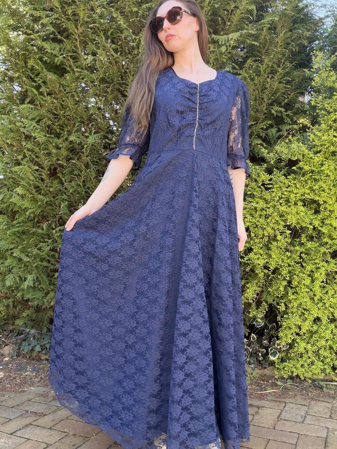 Vintage 1980s Maxi Dress Blue Lace Long Dress with Diamante Detail Size 16
