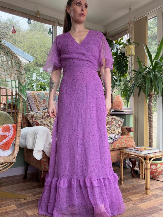 Vintage 1990s Maxi Dress with Ruffle Hem and Polka Dot Detail Purple Size 10