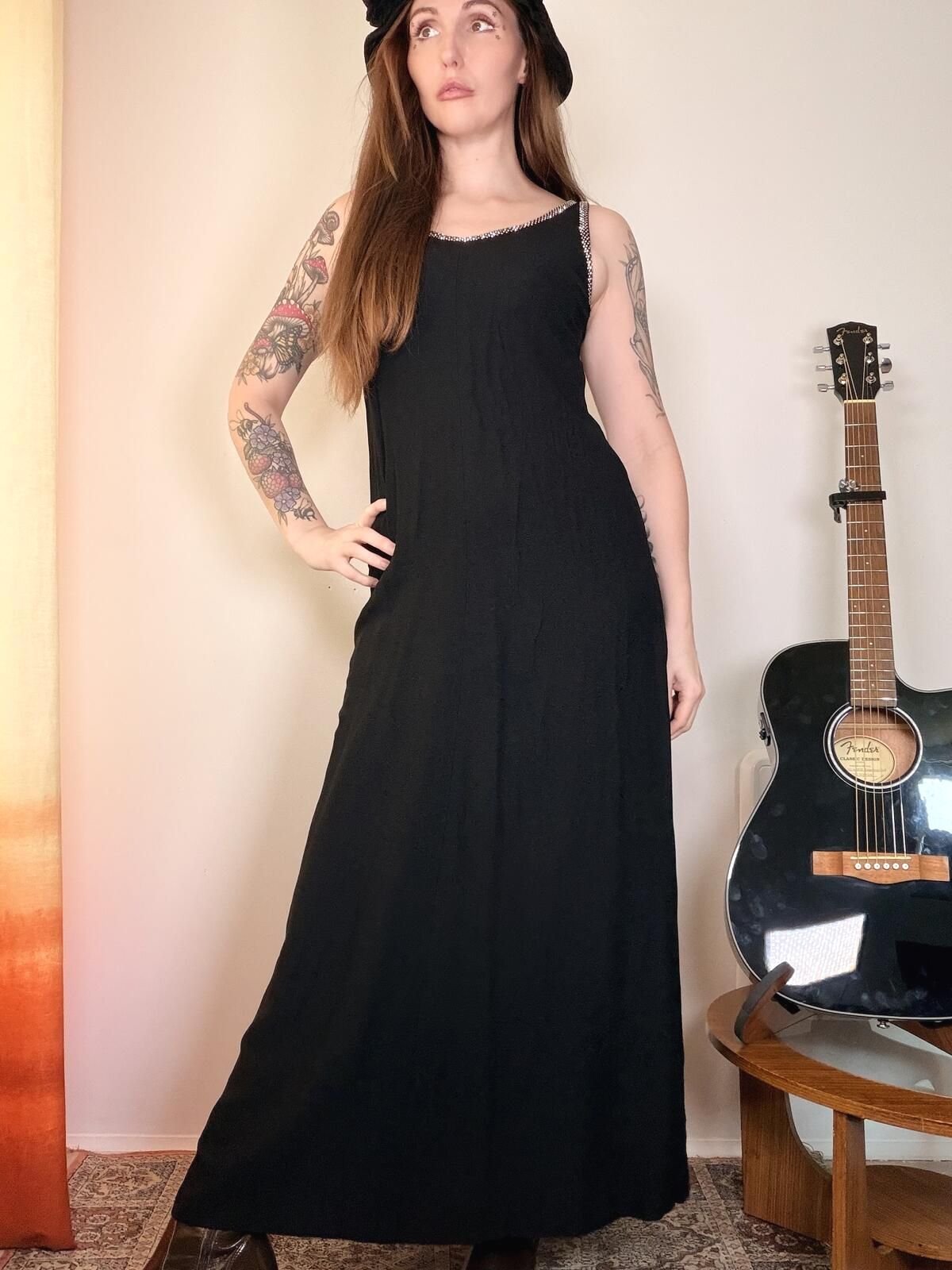 Vintage 1970s Cocktail Dress With Diamante trim Long Black Dress size 12