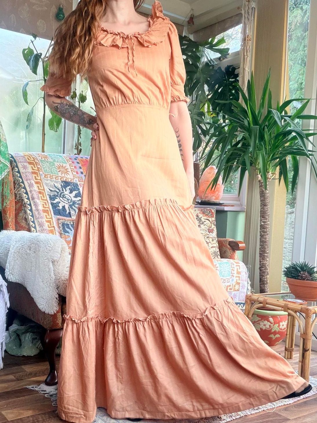 Vintage 70s prairie Dress 12 by Weise Festmoden Peach tiered maxi ruffle collar