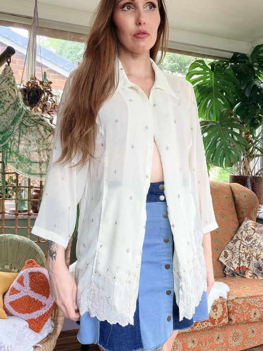 Vintage 1990s Summer Shirt Sheer Embroidered Cream Blouse Duster Size 16