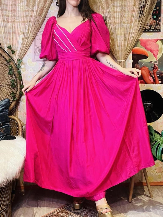 Vintage 1980s Puff Sleeve Dress And Tie Waist Hot Pink Cocktail Gown Size 8