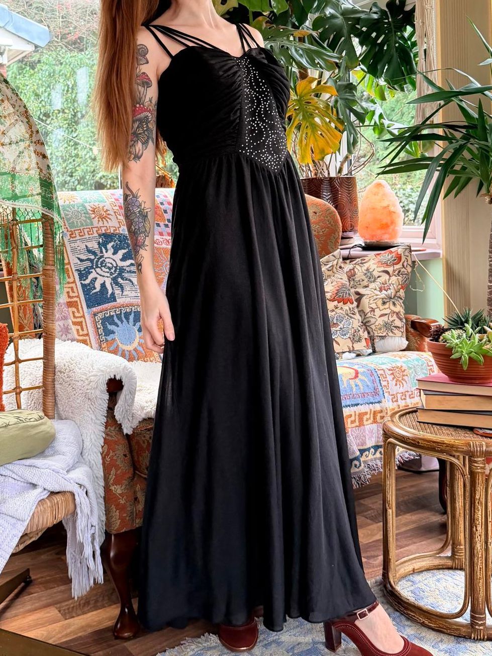 Vintage 1970s cocktail Dress black size 14 long maxi diamanté and Strappy Detail