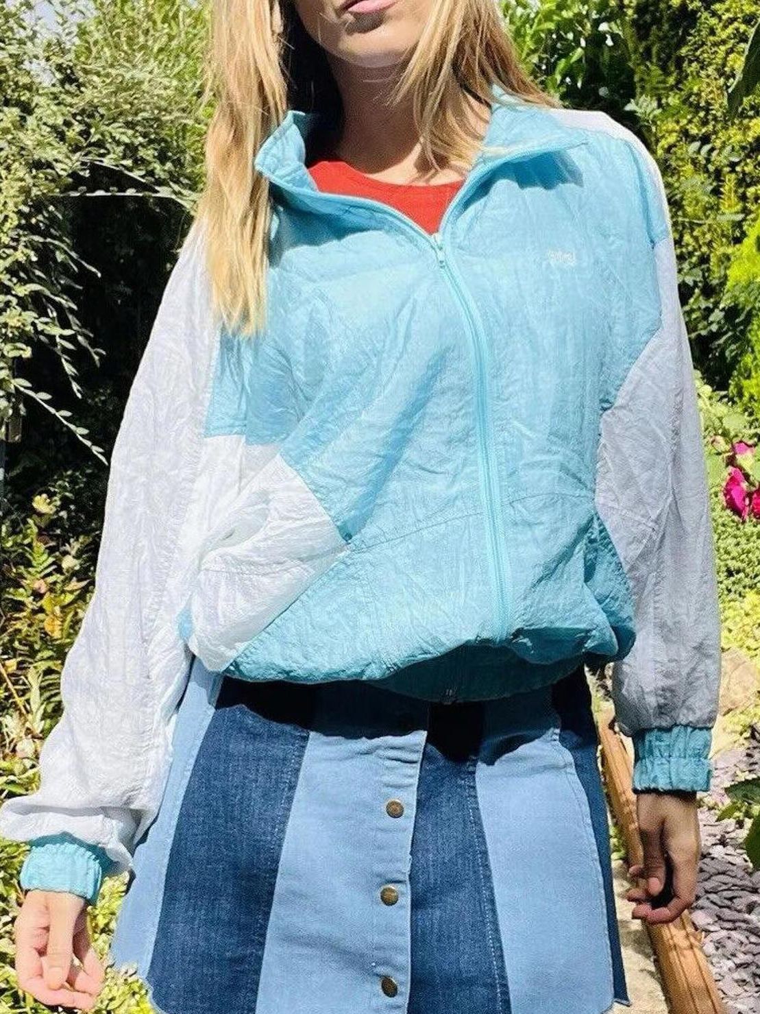 Vintage 1980s Shell Suit Jacket Zip Up Oversized Ladies Blue White Size 8 10