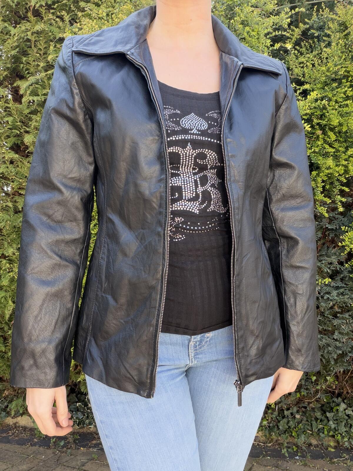 Black Real Leather Jacket Zip up Classic Biker Jacket size 8 10 by Worthington