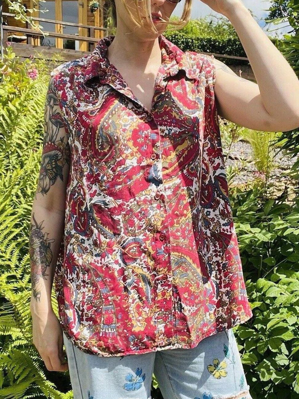 Vintage Y2K Paisley Shirt Hippie boho Sleeveless Blouse By March Landing Size 18