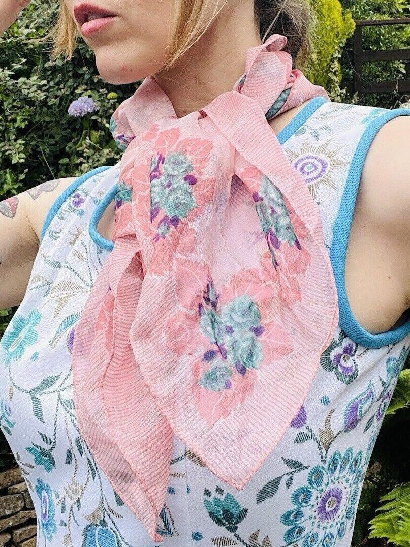 Vintage 1970s Neck Scarf By Debenhams With Sheer Pink Floral Design