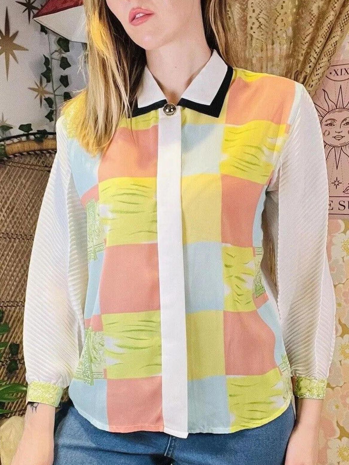 Vintage 1980s Abstract Shirt With Double Collar And Bold Block Print Size 14
