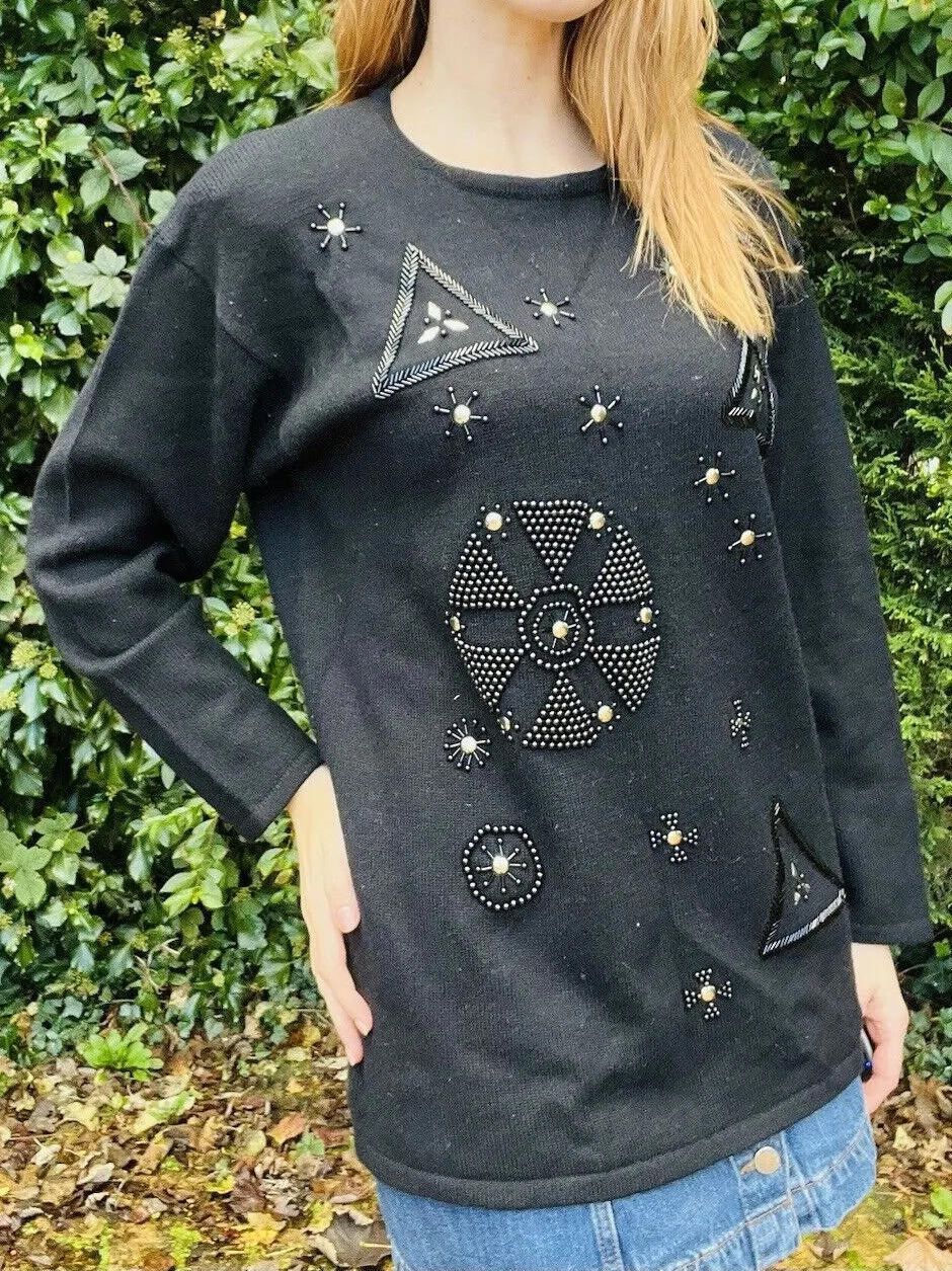 Vintage 1980s Wool Blend Jumper Size 14 Festive Christmas Sweater Beaded Black