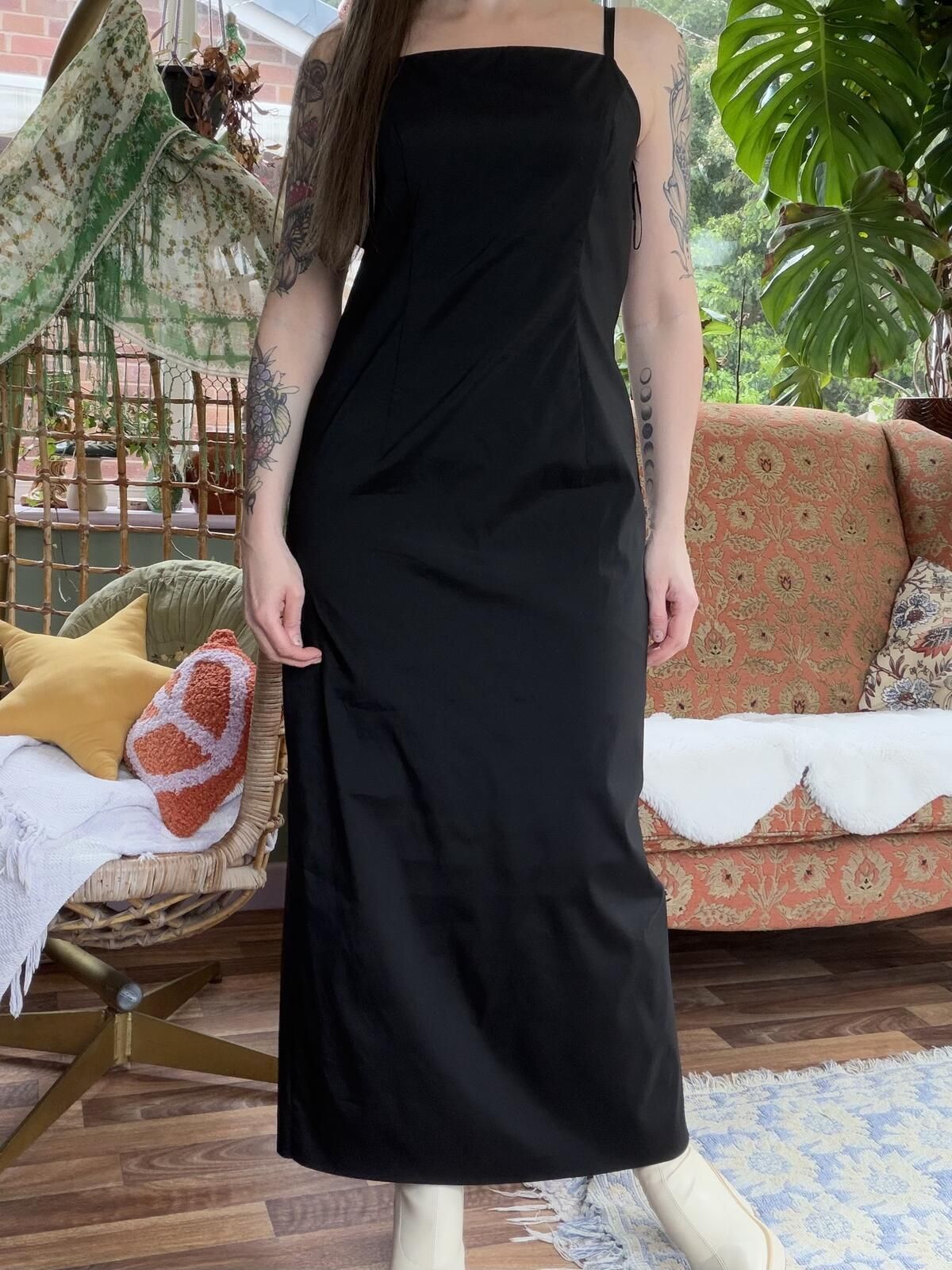 Vintage 1990s Black Dress with Square Neckline and Spaghetti Straps Size 12