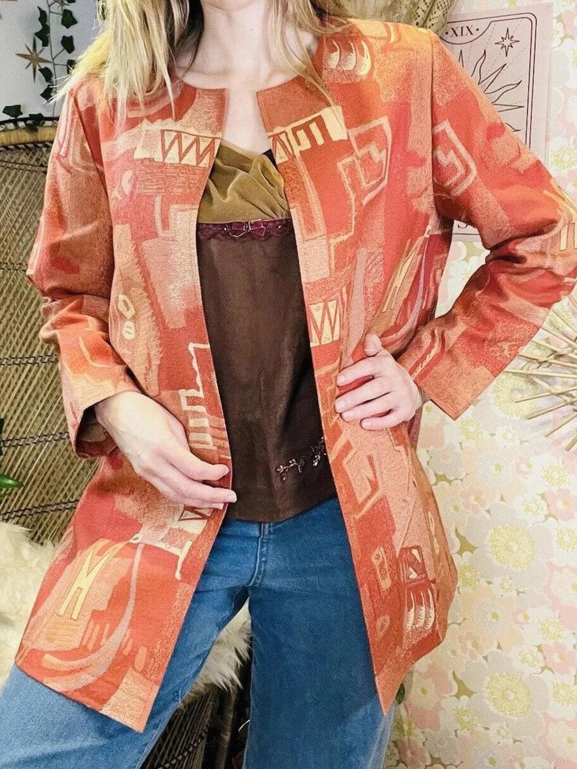 Vintage 1980 Jacket Abstract Bold Print Long Sleeve Round Neck Oversized Fit M