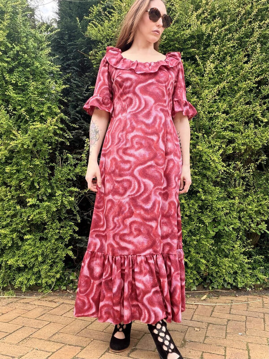 Vintage 1970s Maxi Dress Pink Ruffle Hem Long Psychedelic Dress Size 16